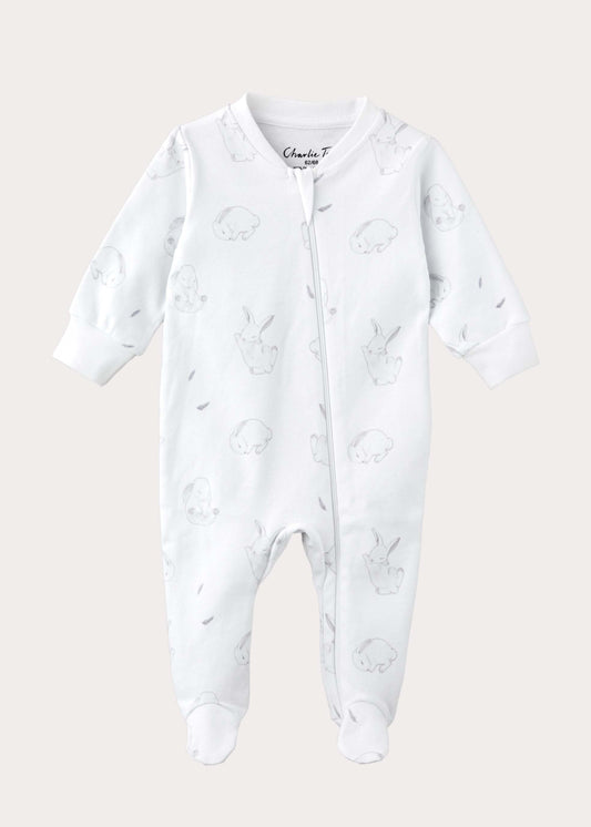 Pyjamas med fot för baby i ekologisk bomull med kaniner