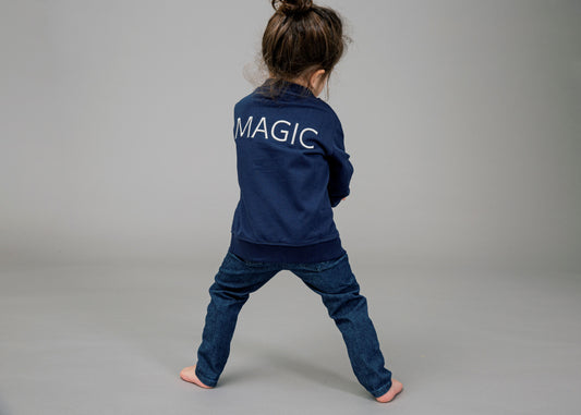 Navy blue bomber jacket with embroidered text