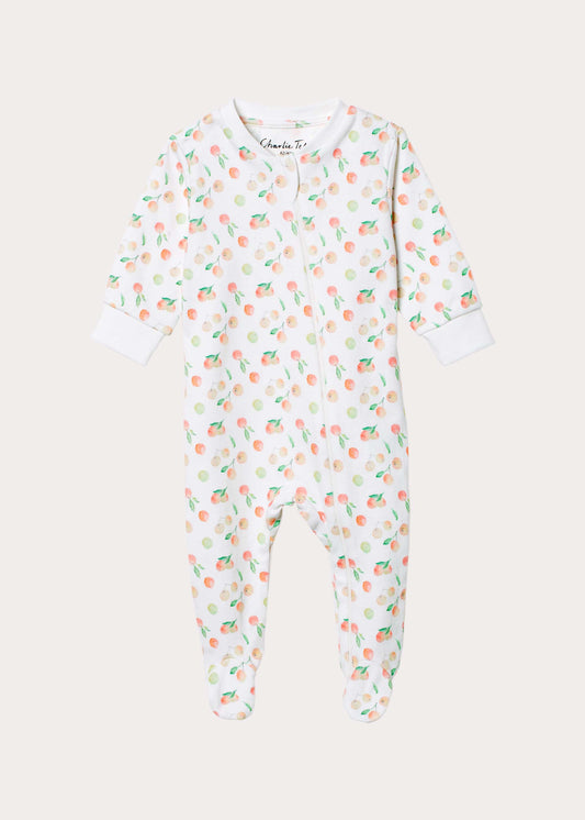 Pyjamas med fot för baby i ekologisk bomull med äpplen